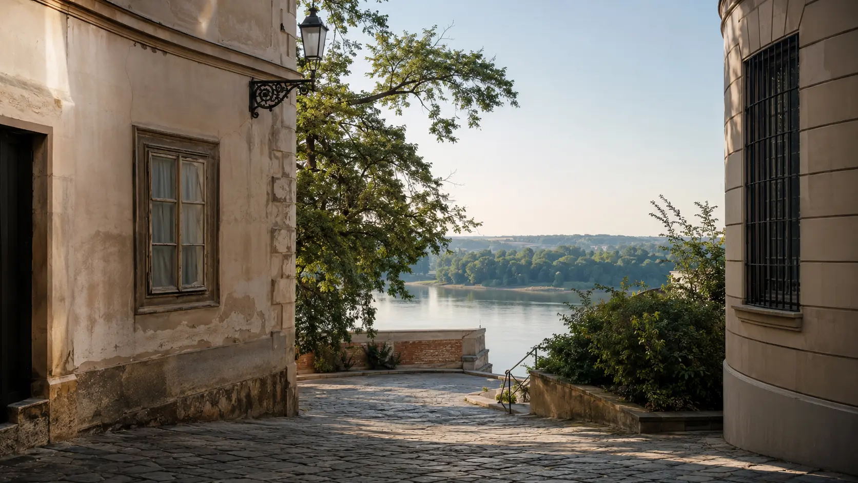 Nyugodt szegedi utca a folyó felé vezető kőburkolattal és zöld fákkal